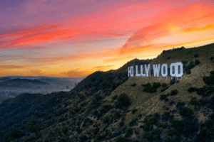 Hollywood sign on hill at sunset